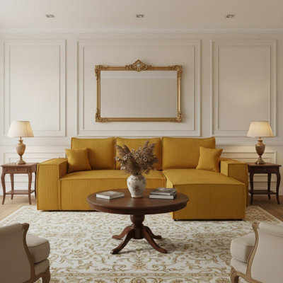 Malaga L Shaped Mdf Corner Sofa Bed Has Storage Dl Pull Out Seat Loose Back Cushions 279X94X181 Mustard Corduroy Right - image 1