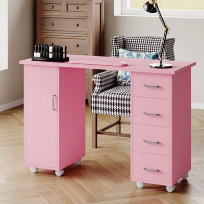 Living And Home Pink Mobile 4 Drawersmanicure Table With Cabinet And Lockable Casters, 110Cm(W) X 45Cm(D) X 75Cm(H) - image 1