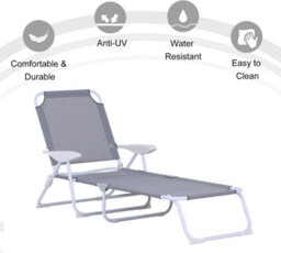 Foldable Sun Lounger, Outdoor 4 Level Adjustable Backrest Reclining Lounge Chair With Armrests For Patio, Garden, Grey - thumbnail 5