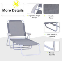 Foldable Sun Lounger, Outdoor 4 Level Adjustable Backrest Reclining Lounge Chair With Armrests For Patio, Garden, Grey - thumbnail 6