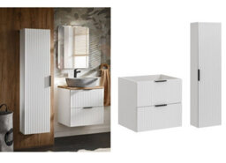 Impact Furniture Bathroom Cabinets 600mm Vanity Unit With Tallboy Tall Wall Storage White Ribbed Fluted Furniture Set Adel - thumbnail 1