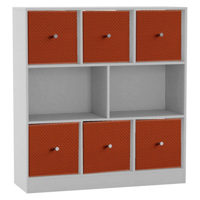 Urbn-Living White, Orange - Asymmetrical 8 Cube Bookcase Unit W/ 6 Drawer Inserts - image 1