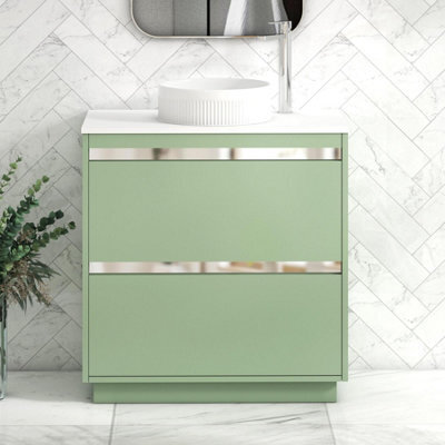 Royal Bathrooms Orion 800mm Mint Sage Floor Standing Plain White Countertop Vanity Unit 2 Drawer With Round Basin & Chrome Accent Trim - image 1