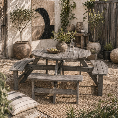 Wyld Haus Neel 8-Seater Grey Round Wood Garden Picnic Set With Parasol Hole - Table And 4 Benches - image 1