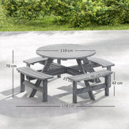 Wyld Haus Neel 8-Seater Grey Round Wood Garden Picnic Set With Parasol Hole - Table And 4 Benches - thumbnail 4