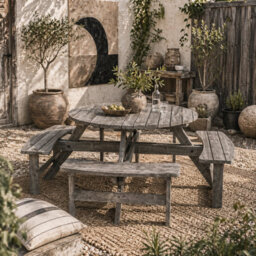 Wyld Haus Neel 8-Seater Grey Round Wood Garden Picnic Set With Parasol Hole - Table And 4 Benches - thumbnail 1