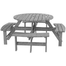 Wyld Haus Neel 8-Seater Grey Round Wood Garden Picnic Set With Parasol Hole - Table And 4 Benches - thumbnail 2