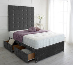 "Adore Designs Cubed Crushed Velvet Divan Bed, With Pocket Mattress & 36"" Headboard - 4Ft6 Double - Black - 0 Drawers" - thumbnail 1