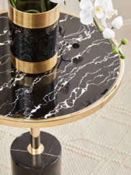 Orsina Metallic End Table, Black Marble Round Side Table With Gold Stainless Steel Frame, T-Shape Pedestal Table - thumbnail 5