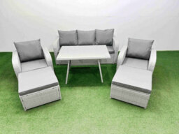 Fimous Reclining Chair 3 Seat Sofa Set Garden Furniture Set With Rectangular Dining Table 2 Big Footstools Light Grey - thumbnail 2