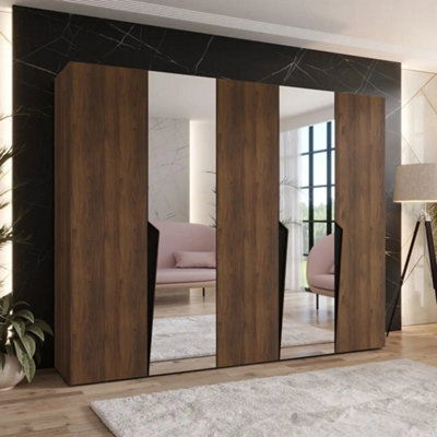 Arte Piano Ii 250Cm Oak Walnut Hinged Wardrobe With Mirrored Door Pair - image 1