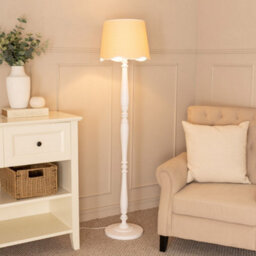 Valuelights Victoria White Wood Candlestick Floor Lamp With Linen Scallop White Trim Tapered Shade