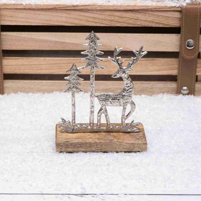 Annibells Silver Metal Reindeer Stag Christmas Tree Scene Wooden Base