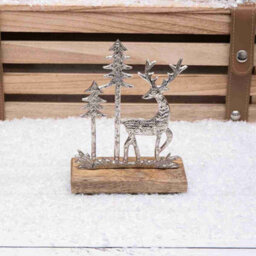 Annibells Silver Metal Reindeer Stag Christmas Tree Scene Wooden Base