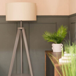Valuelights Morrigan Grey Wood Shelf Tripod Floor Lamp With Cream Shade - thumbnail 2