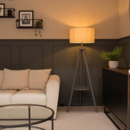 Valuelights Morrigan Grey Wood Shelf Tripod Floor Lamp With Cream Shade - thumbnail 3