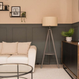 Valuelights Morrigan Grey Wood Shelf Tripod Floor Lamp With Cream Shade - thumbnail 5