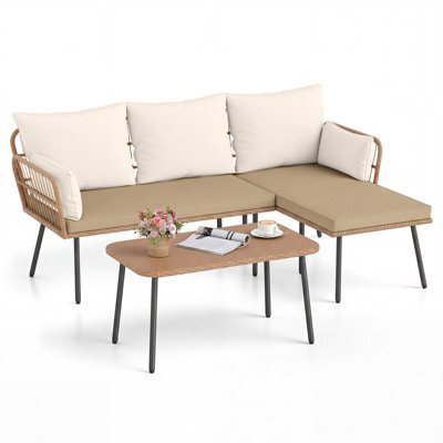 Gainoom 3 Pieces L-Shaped Patio Furniture Set Brown Outdoor Sectional Cushioned Sofa Boho Rattan Outdoor Conversation Set - image 1