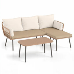 Gainoom 3 Pieces L-Shaped Patio Furniture Set Brown Outdoor Sectional Cushioned Sofa Boho Rattan Outdoor Conversation Set - thumbnail 5