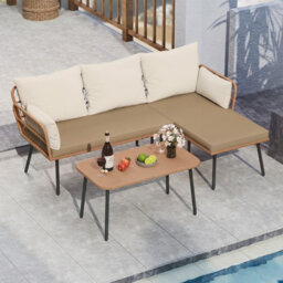 Gainoom 3 Pieces L-Shaped Patio Furniture Set Brown Outdoor Sectional Cushioned Sofa Boho Rattan Outdoor Conversation Set - thumbnail 6