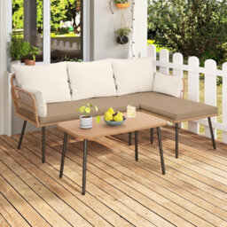 Gainoom 3 Pieces L-Shaped Patio Furniture Set Brown Outdoor Sectional Cushioned Sofa Boho Rattan Outdoor Conversation Set - thumbnail 4