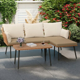 Gainoom 3 Pieces L-Shaped Patio Furniture Set Brown Outdoor Sectional Cushioned Sofa Boho Rattan Outdoor Conversation Set - thumbnail 3