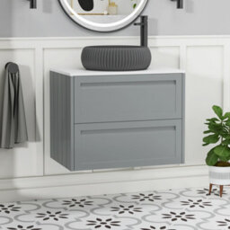 Royal Bathrooms Royal Bathroom Elmore 700mm Pebble Grey Wall Mounted Bathroom Vanity Unit 2 Drawer Plain White Worktop With Milan Black Basin - thumbnail 1