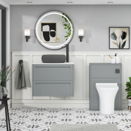 Royal Bathrooms Royal Bathroom Elmore 700mm Pebble Grey Wall Mounted Bathroom Vanity Unit 2 Drawer Plain White Worktop With Milan Black Basin - thumbnail 5