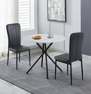 Hallowood Furniture Cullompton Dining Set, Small Round White Dining Table 90Cm With 2 Black Faux Leather High Back Chairs - image 1