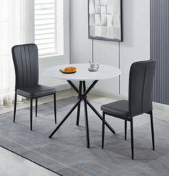 Hallowood Furniture Cullompton Dining Set, Small Round White Dining Table 90Cm With 2 Black Faux Leather High Back Chairs - thumbnail 1