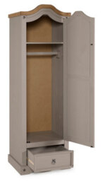 Mercers Furniture Corona Grey Wax 1 Door 1 Drawer Wardrobe Single Arch Top Solid Pine With Mexican Styling - thumbnail 5