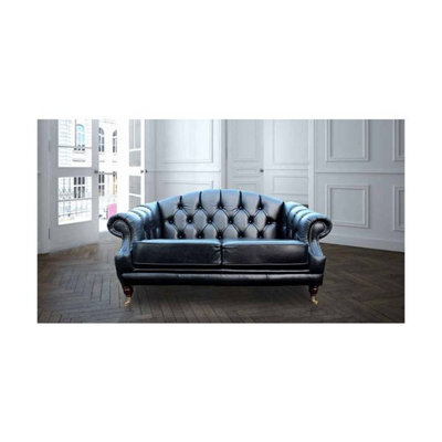 Chesterfield 2 Seater Old English Black Leather Sofa Settee Bespoke In Victoria Style - image 1
