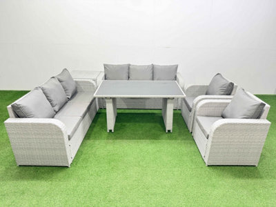 Fimous 8 Seater Wicker Pe Rattan Furniture Outdoor Dining Table 3 Seater Sofa Reclining Chair Set With Side Table Light Grey - image 1