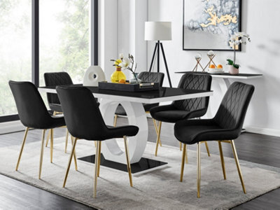 Furniturebox Giovani Rectangular 6 Seat White High Gloss Unique Halo Base Dining Table Black Glass Top 6 Black Velvet Gold Leg Pesaro Chairs - image 1