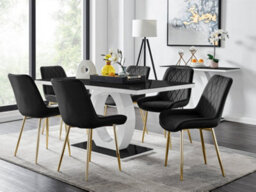 Furniturebox Giovani Rectangular 6 Seat White High Gloss Unique Halo Base Dining Table Black Glass Top 6 Black Velvet Gold Leg Pesaro Chairs