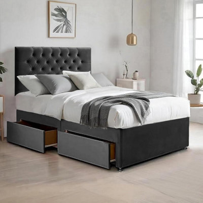 Black Plush 5Ft King Size Bed With Matttress  2 Storage Drawers And 20 Inch Chesterfield Headboard - image 1
