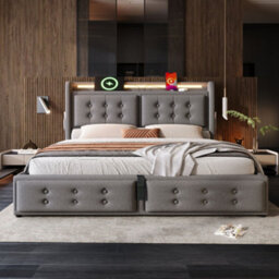 Merax 4Ft6 Double Bed 135X190 Cm, Linen Upholstered Bed With Led Lights, Usb & Type-C, Headboard, Hydraulic Storage, Grey - thumbnail 2