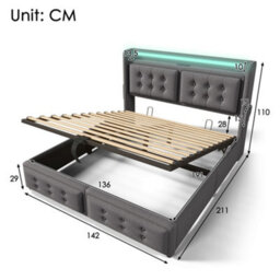 Merax 4Ft6 Double Bed 135X190 Cm, Linen Upholstered Bed With Led Lights, Usb & Type-C, Headboard, Hydraulic Storage, Grey - thumbnail 3