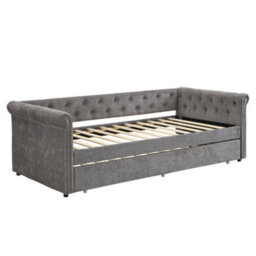 Merax 3Ft Single Daybed 90 X 190 Cm, Velvet Upholstered Sofa Bed With Pull Out Trundle, Soft Headboard, Grey - thumbnail 7