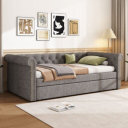 Merax 3Ft Single Daybed 90 X 190 Cm, Velvet Upholstered Sofa Bed With Pull Out Trundle, Soft Headboard, Grey - thumbnail 2