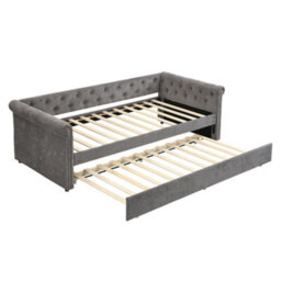 Merax 3Ft Single Daybed 90 X 190 Cm, Velvet Upholstered Sofa Bed With Pull Out Trundle, Soft Headboard, Grey - thumbnail 8