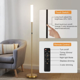 Harper Living Modern Led Floor Lamp With Remote + Touch Control, Gold Standing Reading Lamp With Cylinder White Plastic Shade - thumbnail 6