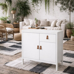 Wyld Haus Wildberry Matt White Wooden Sideboard, 2 Doors 1 Drawer, Brown Leather Handles - thumbnail 1