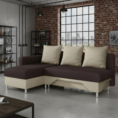 Tom M Corner Sofa Bed For Living Room Chipboard Frame Hr Foam Bonell Spring Wooden Base 215X133X95Cm Brown And Beige Left - image 1