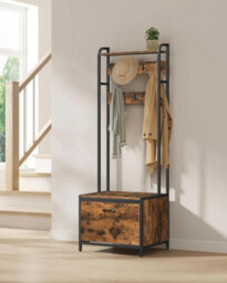 Coat Rack With Shoe Storage, Hall Tree With Bench, 7 Hooks And Top Shelf, For Hallway, Bedroom, Rustic Brown & Black