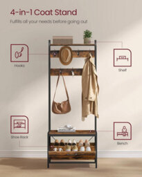 Songmics Coat Rack With Shoe Storage, Hall Tree With Bench, 7 Hooks And Top Shelf, For Hallway, Bedroom, Rustic Brown & Black - thumbnail 3
