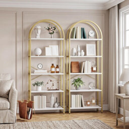 Set Of 2 Arched 5-Tier Bookshelf Metal Bookcase Display Shelving Unit With Anti-Tip Safety Kits - White/gold