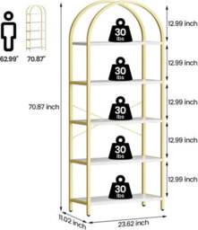 Set Of 2 Arched 5-Tier Bookshelf Metal Bookcase Display Shelving Unit With Anti-Tip Safety Kits - White/gold - thumbnail 2