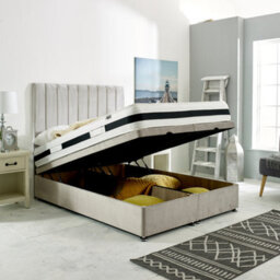 Apollo - Silver Plush Velvet Ottoman Bed With Vertical Lines Upholstered Headboard End Lift - thumbnail 1