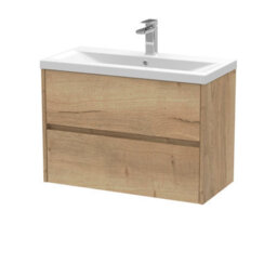 Nuie Havana Wall Hung 2 Drawer Vanity Basin Unit & Mid-Edge Ceramic Basin, Modern Sink Vanity Unit In Autumn Oak With White - thumbnail 4